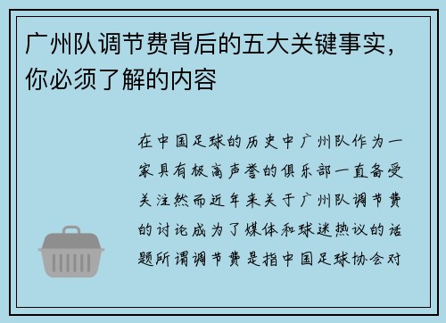 广州队调节费背后的五大关键事实，你必须了解的内容